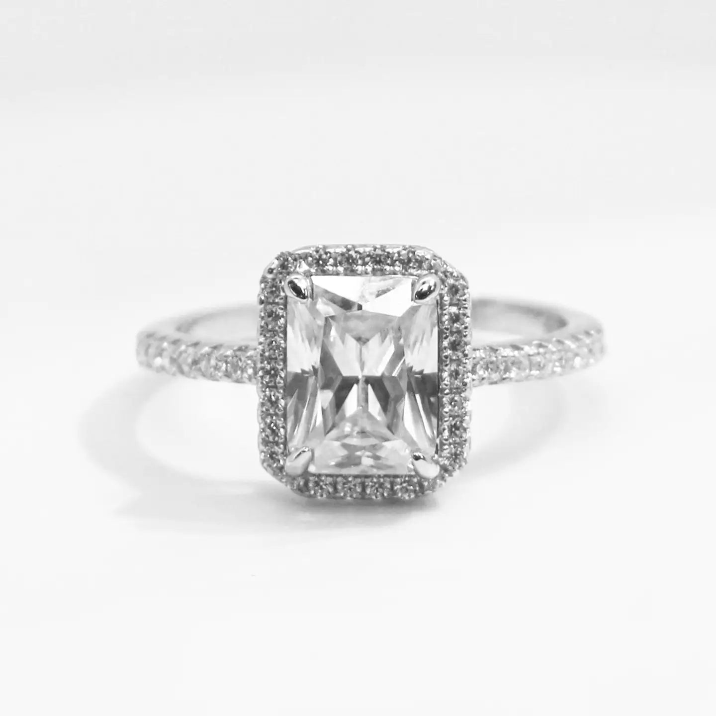 Timeless Emerald-Cut Moissanite Halo Ring, 2.0 Carat, Sterling Silver