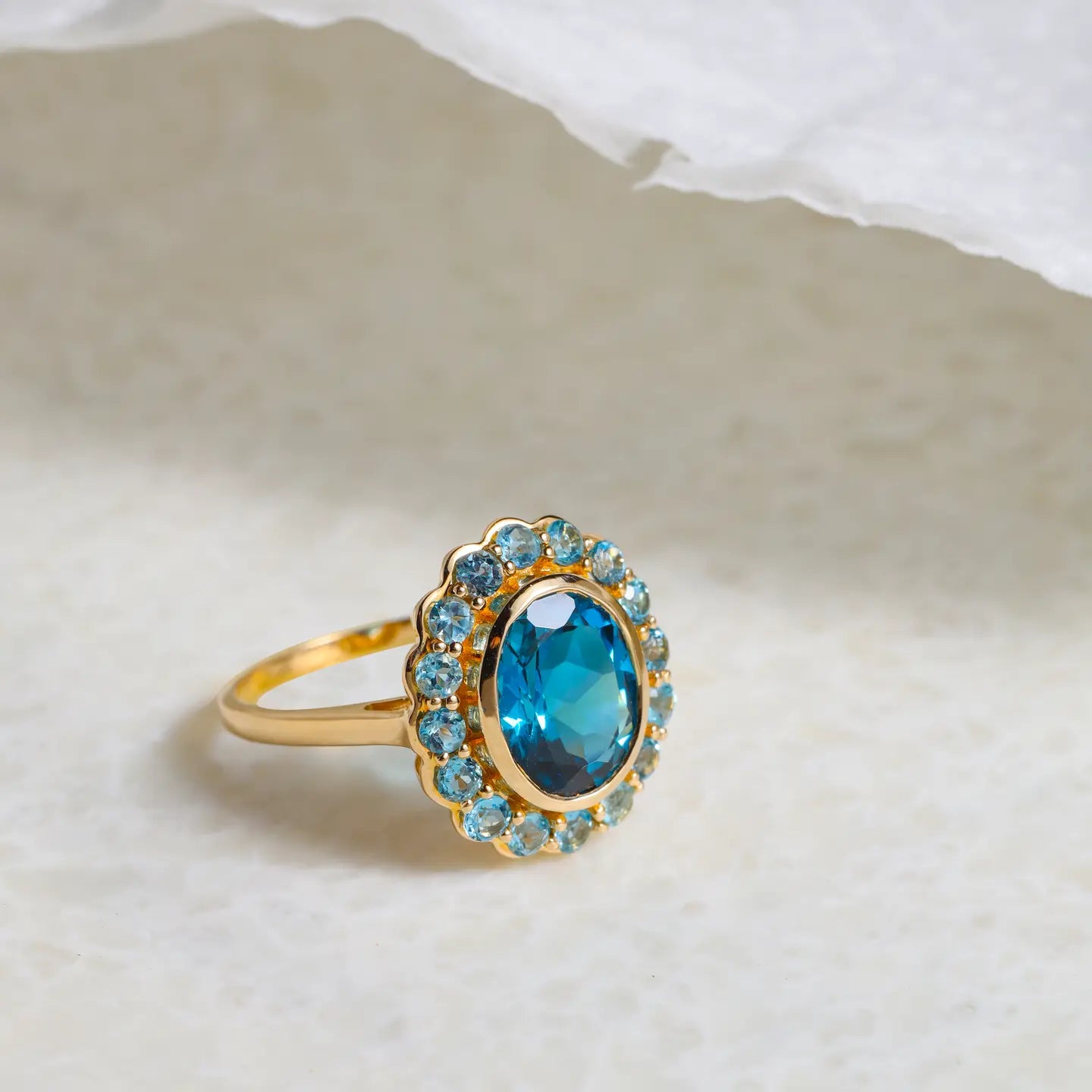 14K Yellow Gold Blue Topaz Nightfall Rose Ring