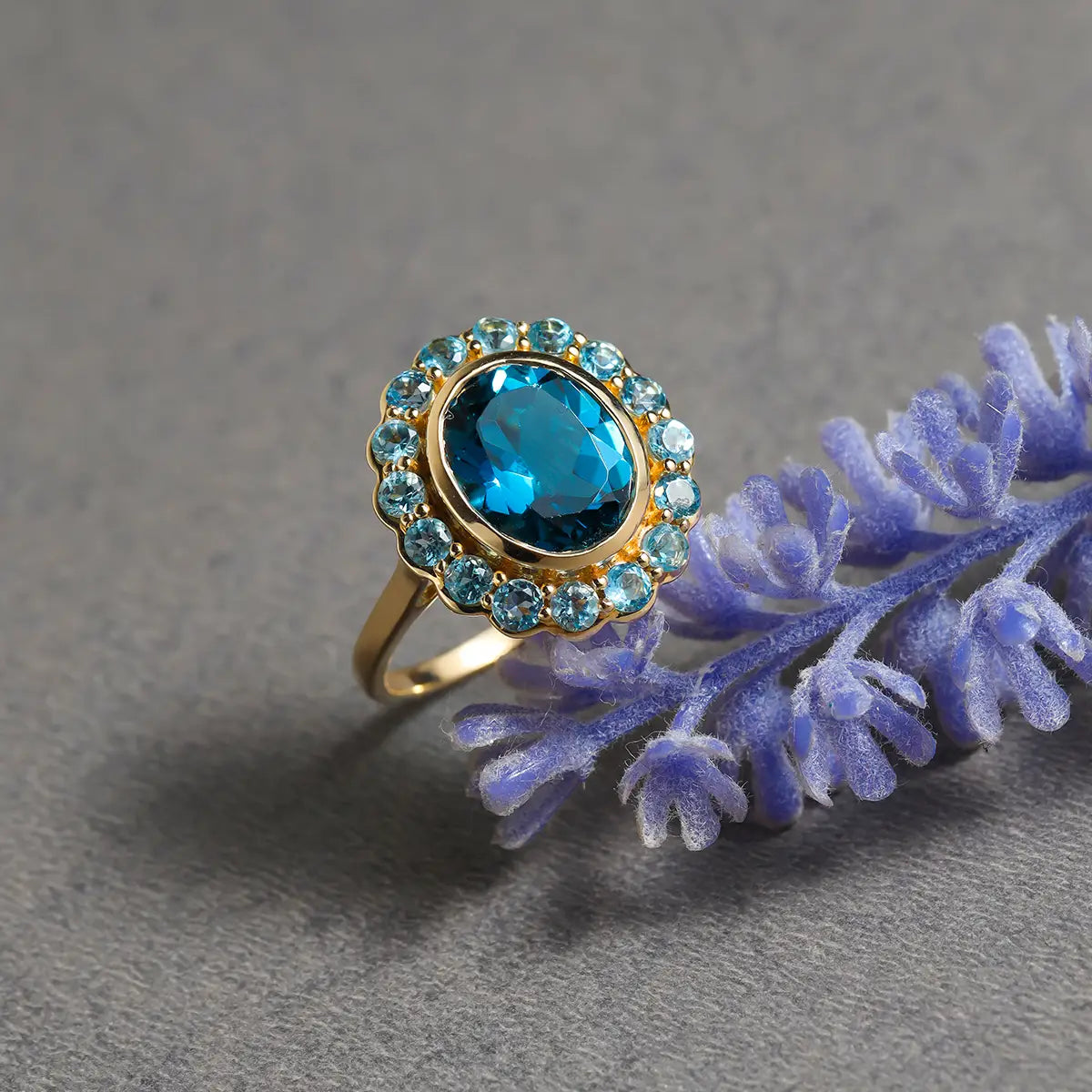 14K Yellow Gold Blue Topaz Nightfall Rose Ring