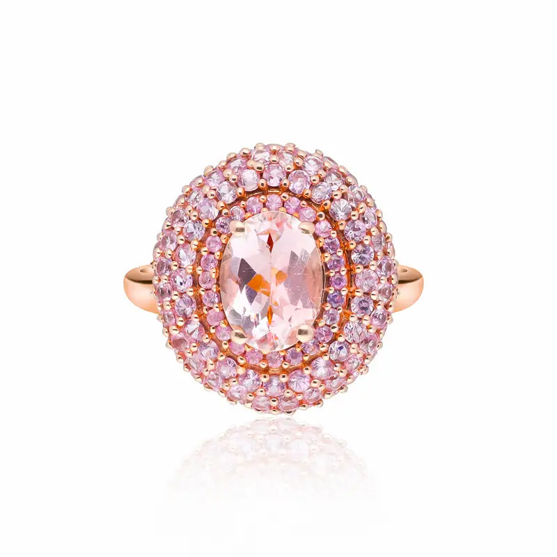 14K Yellow Gold Pink Morganite Roselight Halo Statement Ring