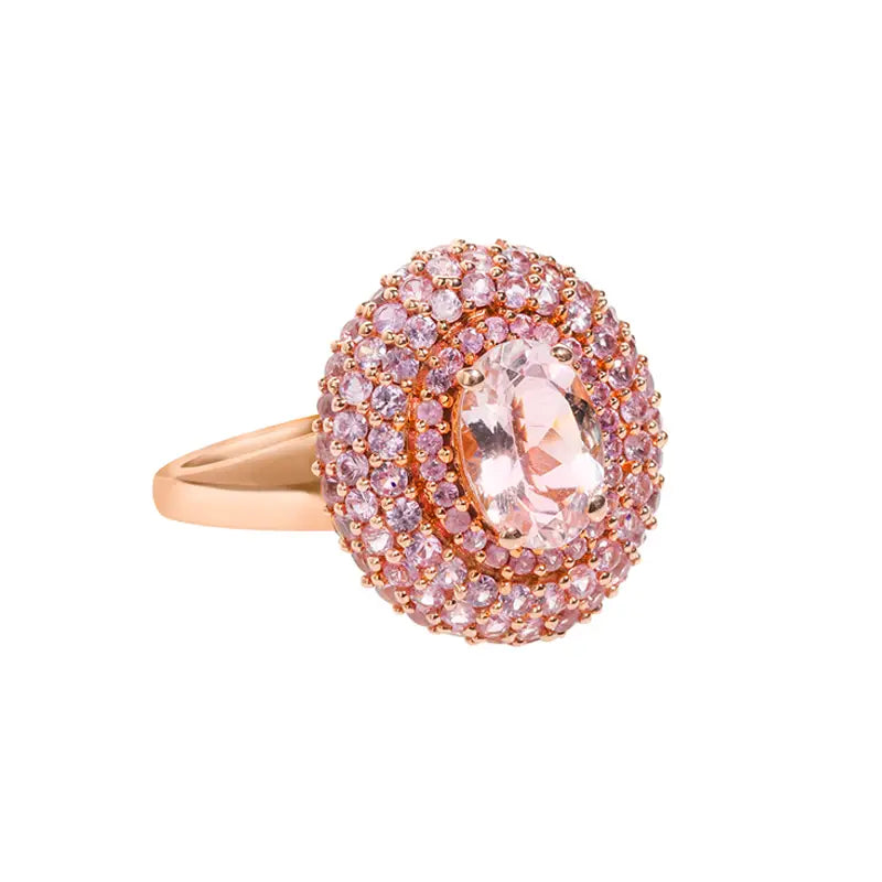 14K Yellow Gold Pink Morganite Roselight Halo Statement Ring