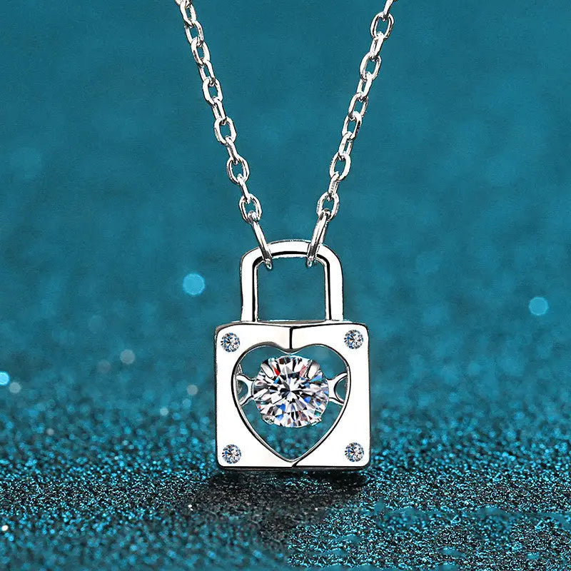 Moissanite Heart Lock Charm Necklace