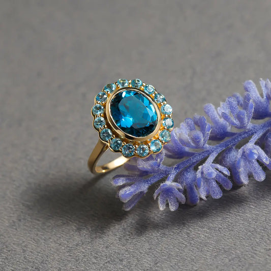 14K Yellow Gold Blue Topaz Nightfall Rose Ring
