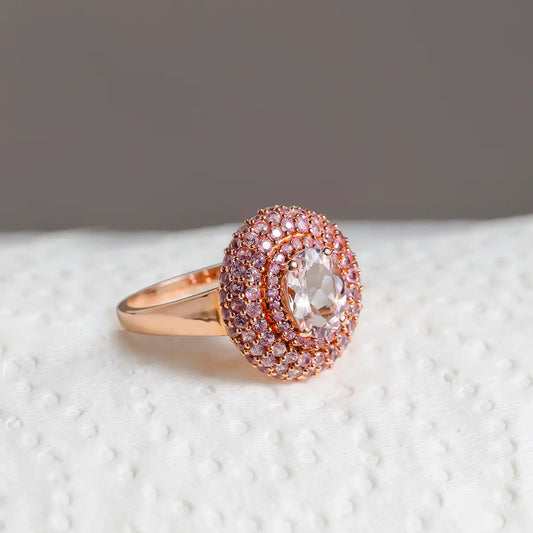 14K Yellow Gold Pink Morganite Roselight Halo Statement Ring