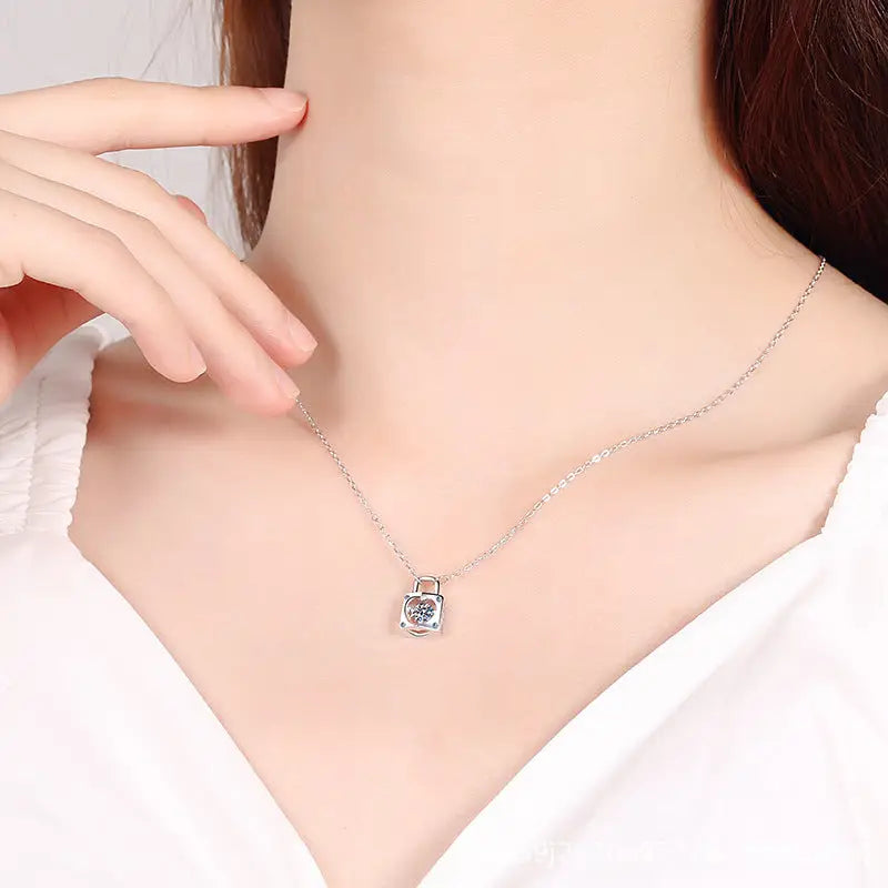 Moissanite Heart Lock Charm Necklace