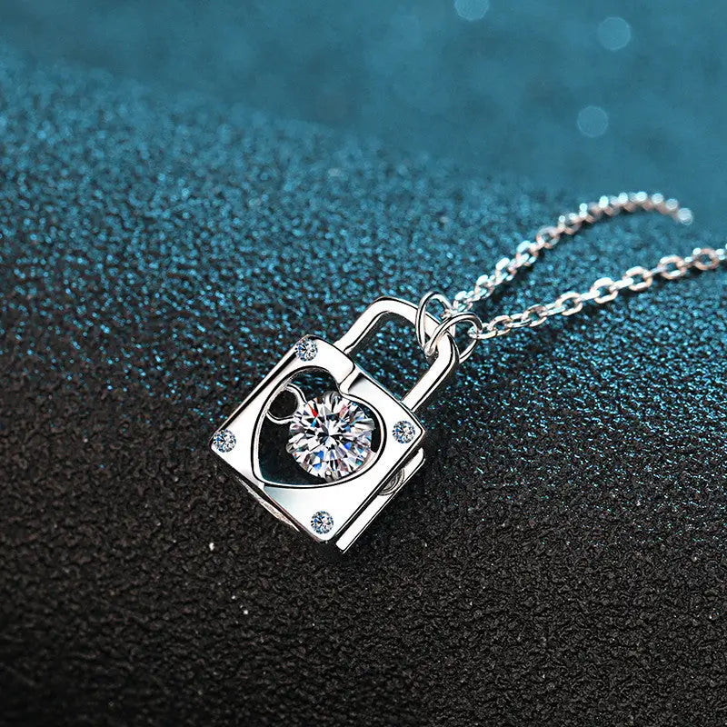 Moissanite Heart Lock Charm Necklace