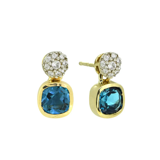 London Blue Topaz White Zircon 14K Yellow Gold Stud Earrings
