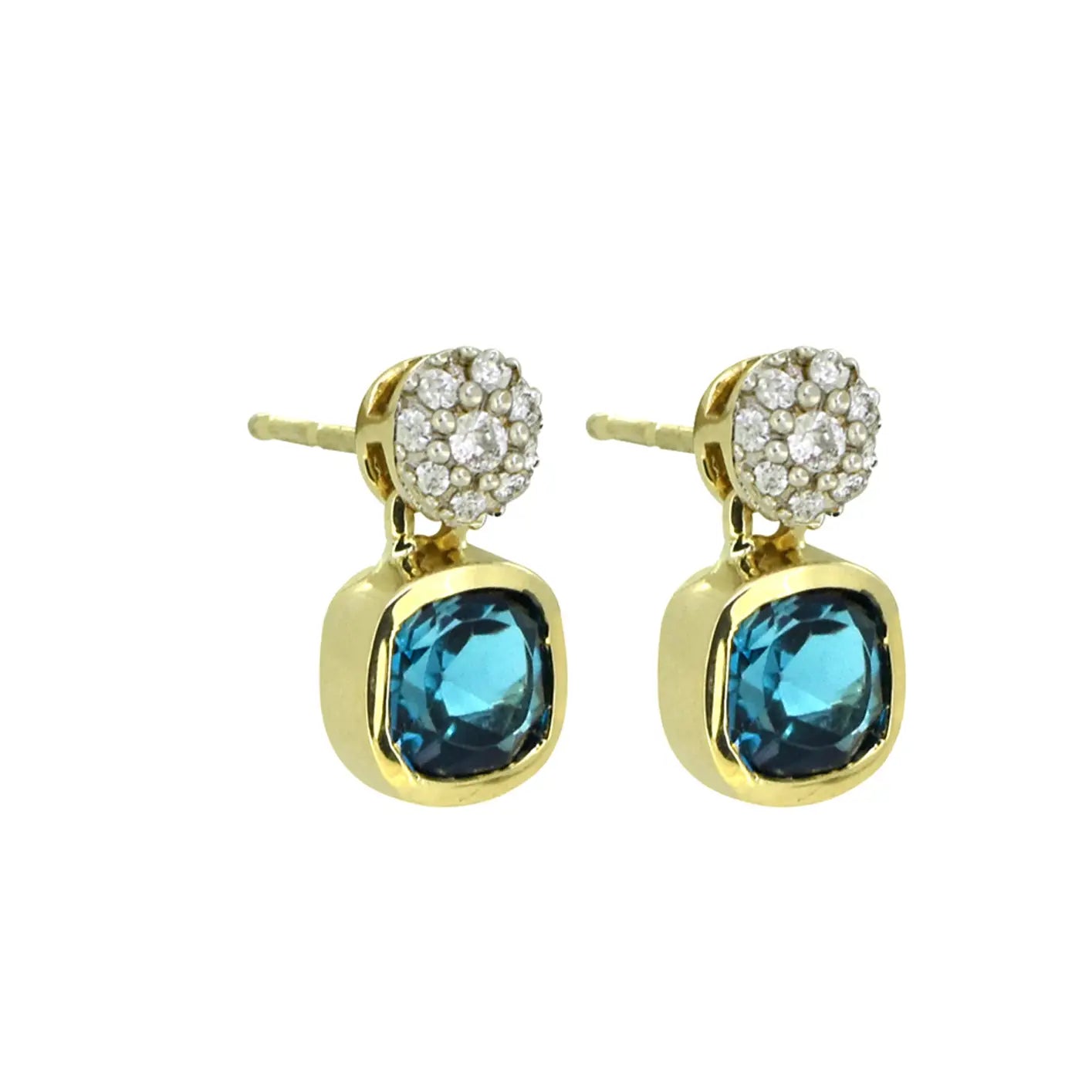London Blue Topaz White Zircon 14K Yellow Gold Stud Earrings