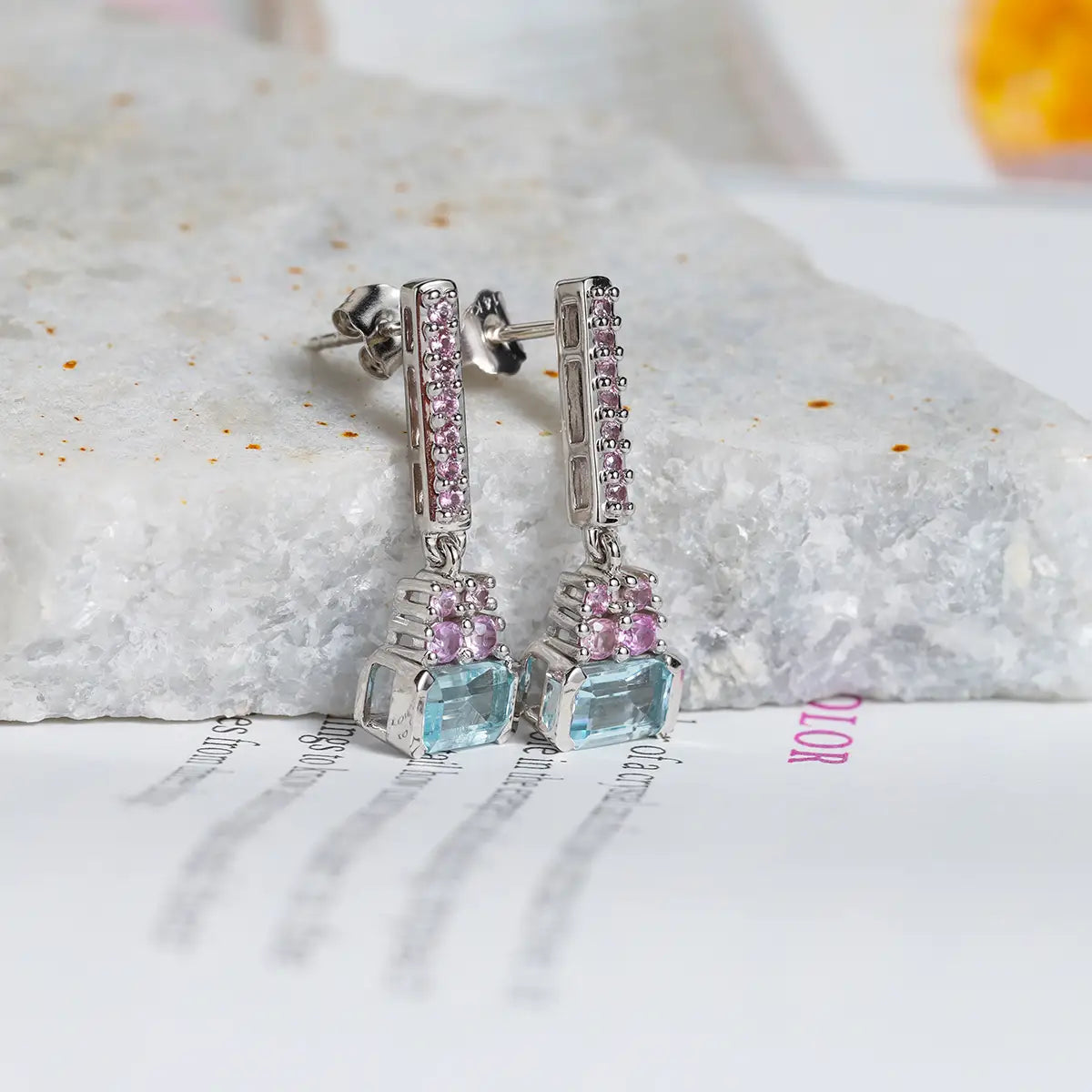 14K White Gold Aquamarine Roselight Cascade Stud Earring